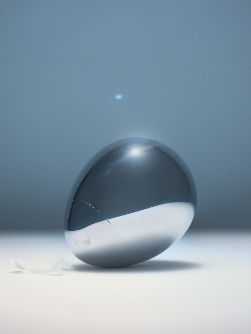 Sleek metallic egg-shaped vessel gleams under soft light, resting beside a delicate white feather on a minimalist surface.