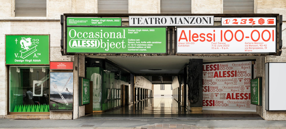 Vibrant green and red signage for Alessi 100-001 exhibition at Teatro Manzoni, Milan Design Week 2022, celebrating 100 years with Virgil Abloh’s Occasional AlessiObject.