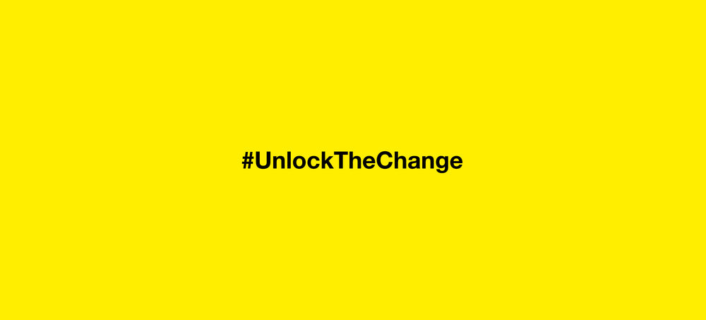 Bold black text "#UnlockTheChange" centered on a vibrant yellow background, conveying energy and transformation.