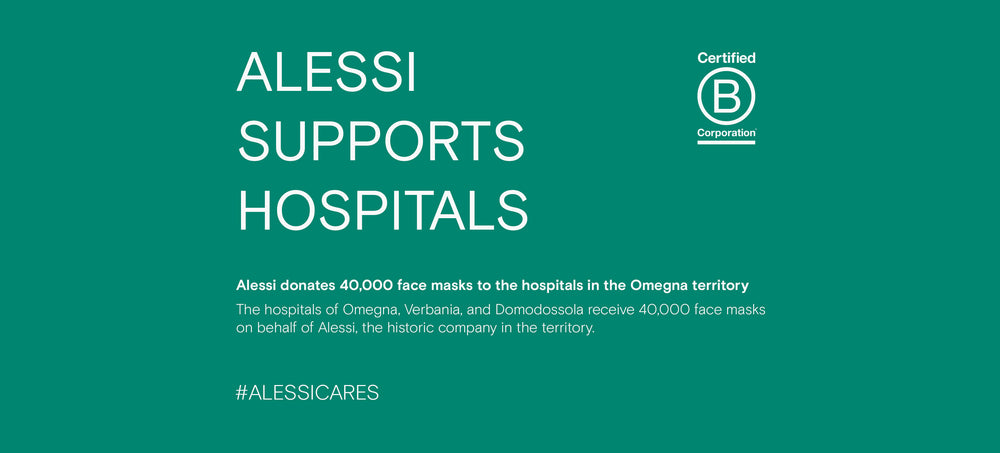 Teal graphic with white text: "Alessi Supports Hospitals" and "Alessi donates 40,000 face masks to local hospitals" with B Corporation logo.