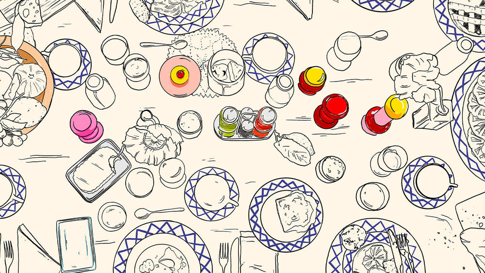 Whimsical illustration of a vibrant, patterned table spread with colorful dishes, glasses, and condiments, evoking joyful Italian dining at Milano Design Week.