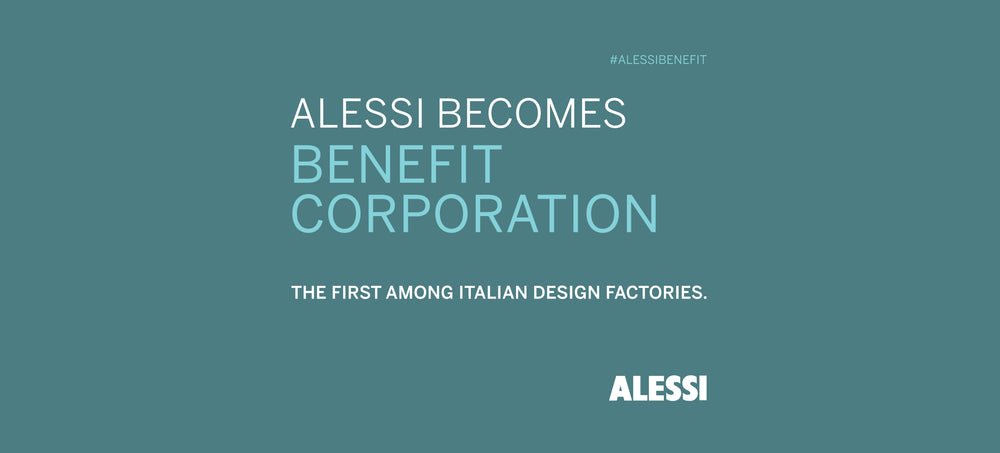 Teal graphic announcing Alessi as first Italian design factory to become a Benefit Corporation, with bold white and light blue text.