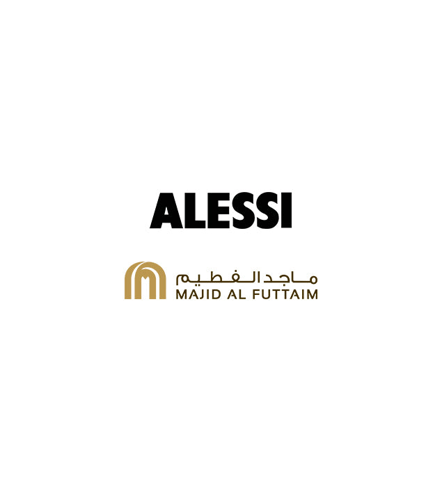 Alessi and Majid Al Futtaim logos side by side, symbolizing a sleek, modern design partnership.