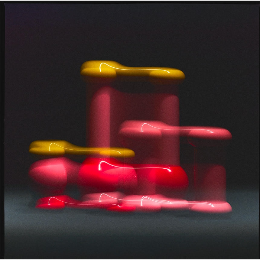 Vibrant red and yellow abstract totems glow with light trails, creating a dynamic, artistic domestic sculpture.