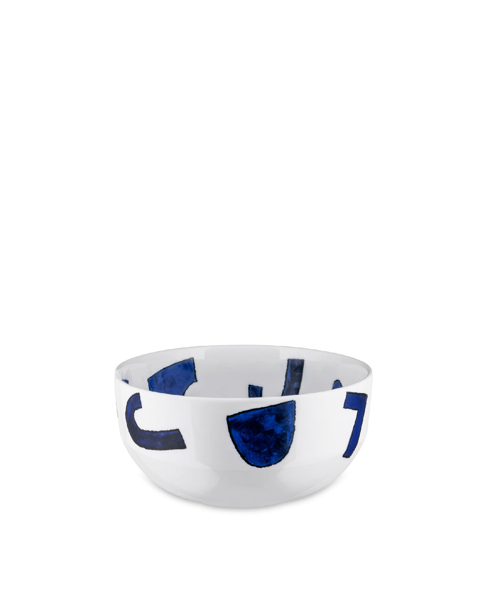White ceramic bowl by Alessi with bold, dark blue abstract shapes, front view.