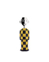 Yellow and black checkered corkscrew by Alessi, with a polished chrome head wearing a hat.