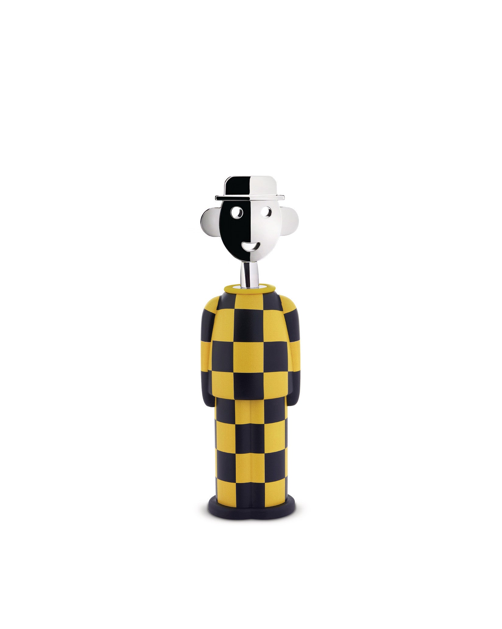 Yellow and black checkered corkscrew by Alessi, with a polished chrome head wearing a hat.
