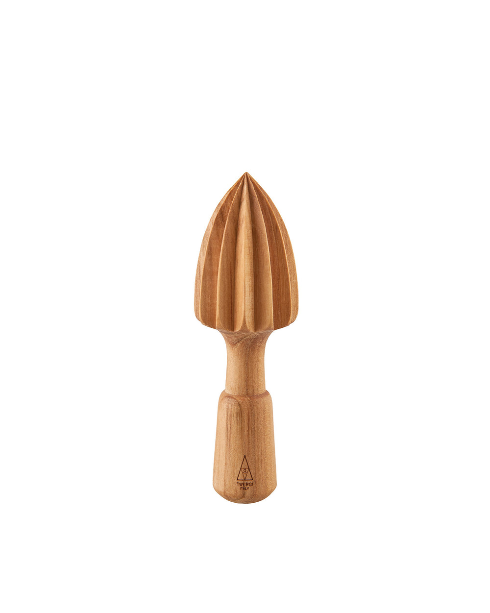 Wooden citrus squeezer by Alessi, featuring a ribbed reamer, tapered handle, and 'Twergi Italy' engraving.