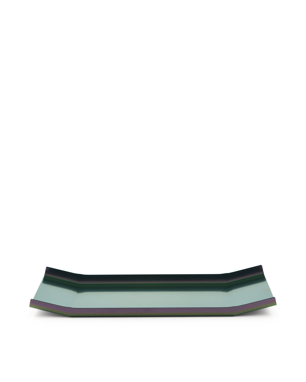 Iridescent metallic tray by Alessi, with a teal surface and purple-bronze edges, presented horizontally.