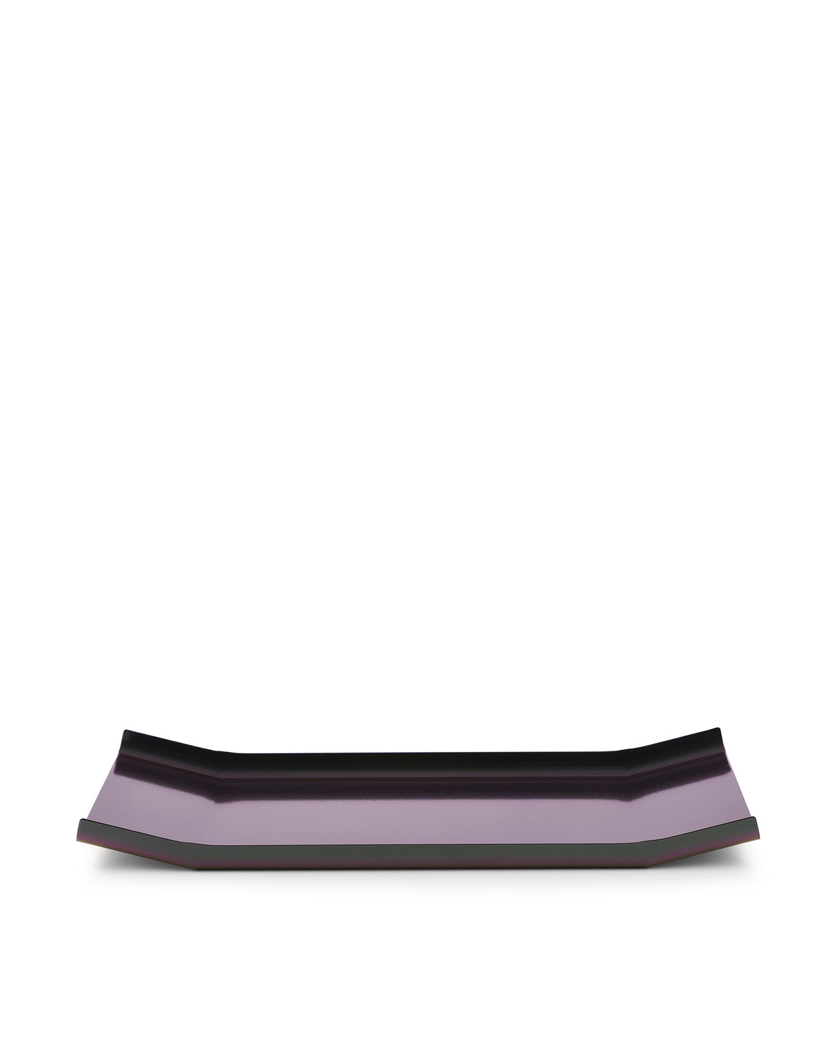 Glossy plum and black Arran tray by Alessi, long and rectangular with subtly curved ends.