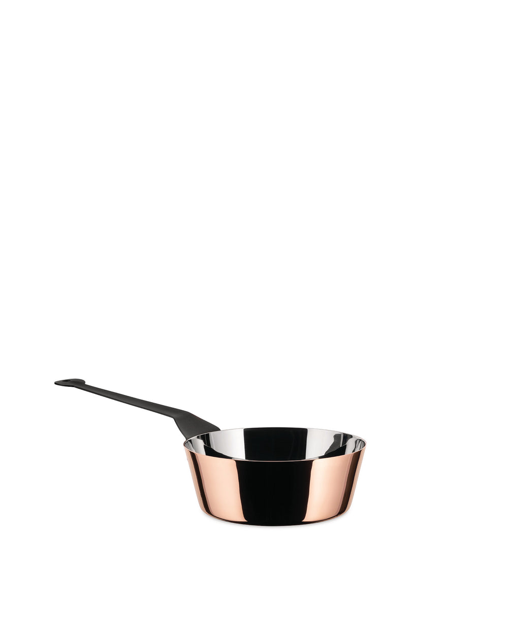 Polished copper saucepan by Alessi with a sleek black handle and reflective stainless steel interior.