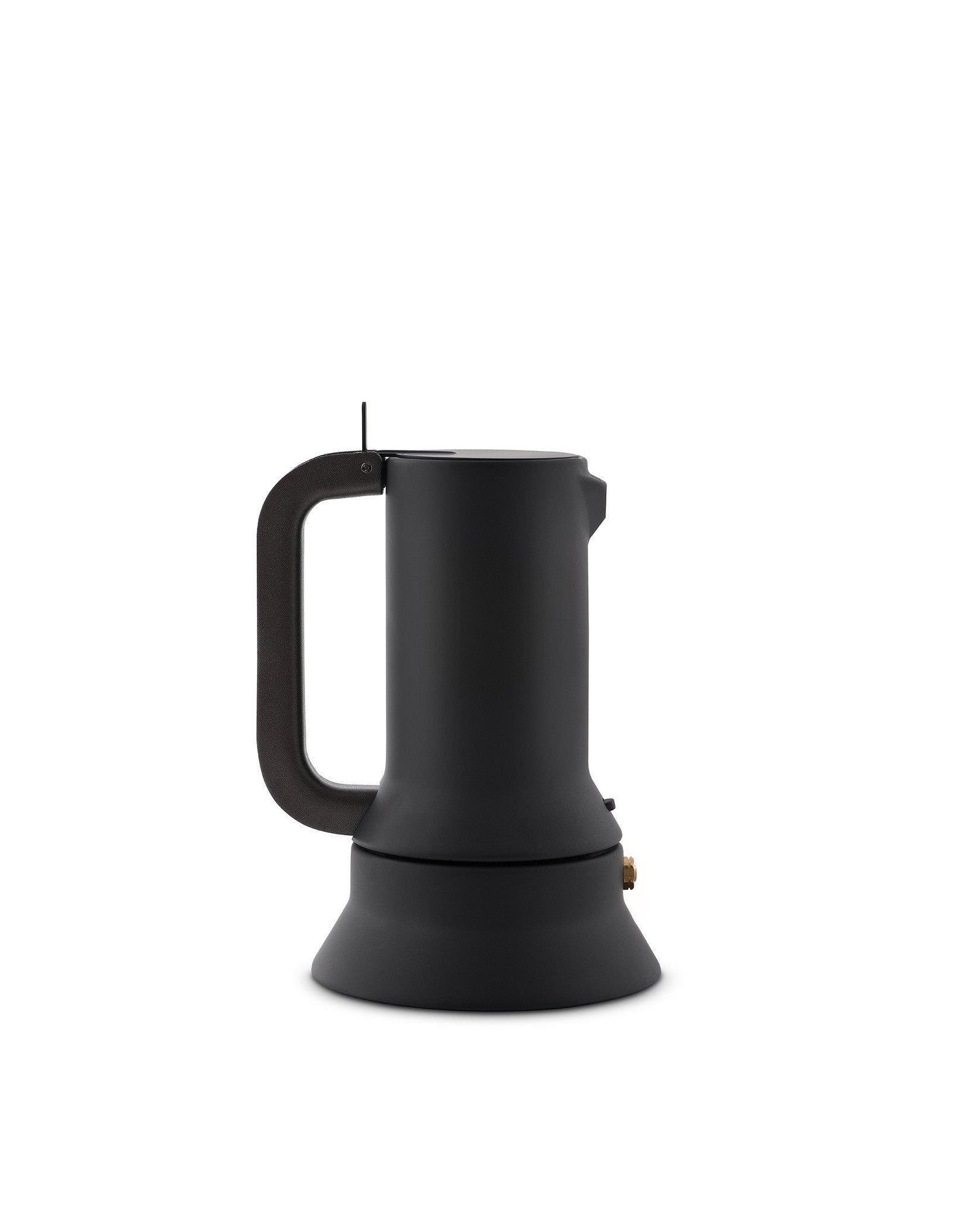 Black matte espresso coffee maker by Alessi with a large loop handle and visible brass pressure valve, shown from the side.