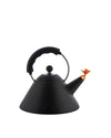 Black matte finish kettle by Alessi, featuring an orange bird whistle and a conical base with rivet details.