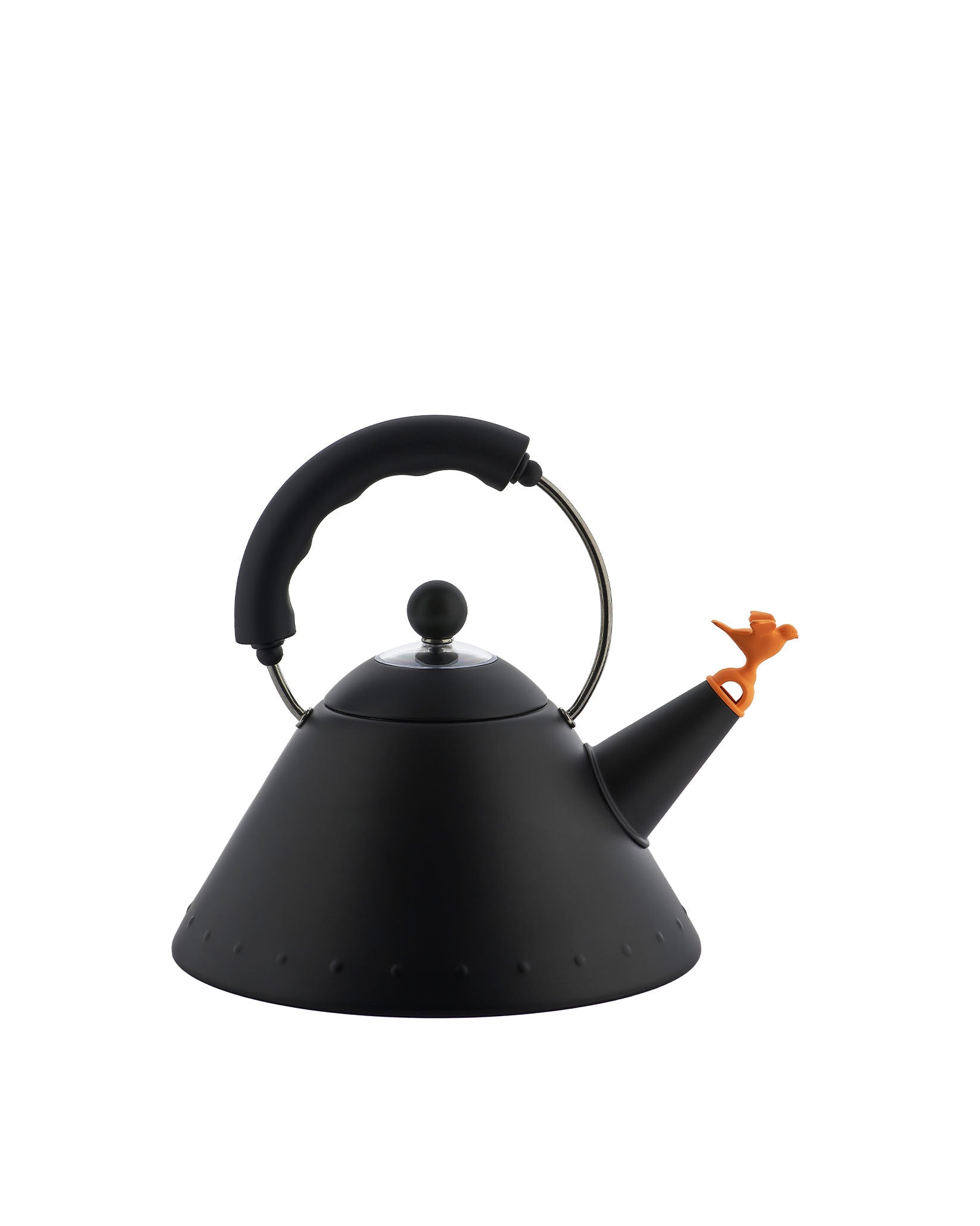 Black matte finish kettle by Alessi, featuring an orange bird whistle and a conical base with rivet details.