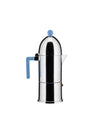 Chrome espresso coffee maker by Alessi, with a sky blue handle, spherical knob, and a polished dome-shaped lid.