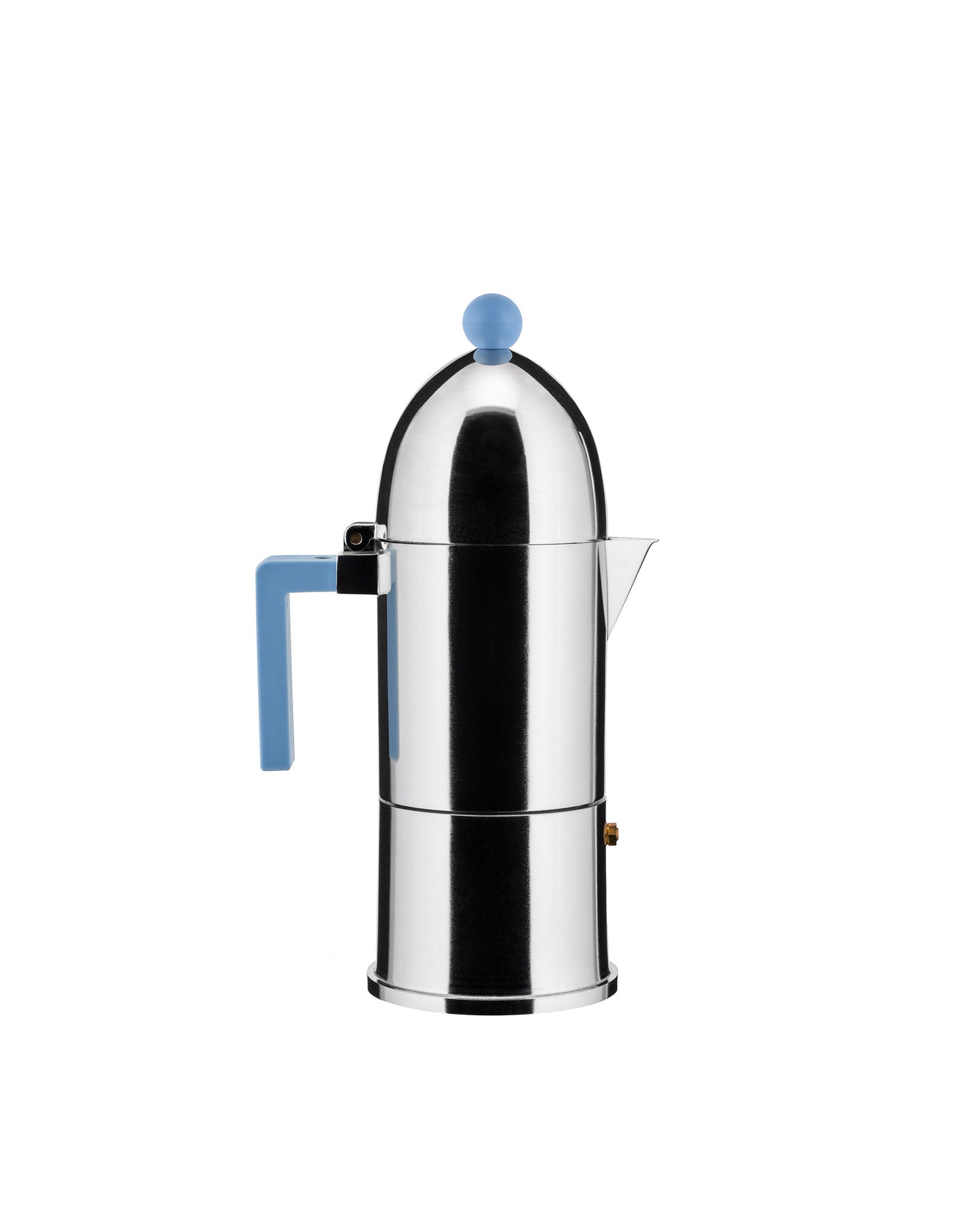 Chrome espresso coffee maker by Alessi, with a sky blue handle, spherical knob, and a polished dome-shaped lid.