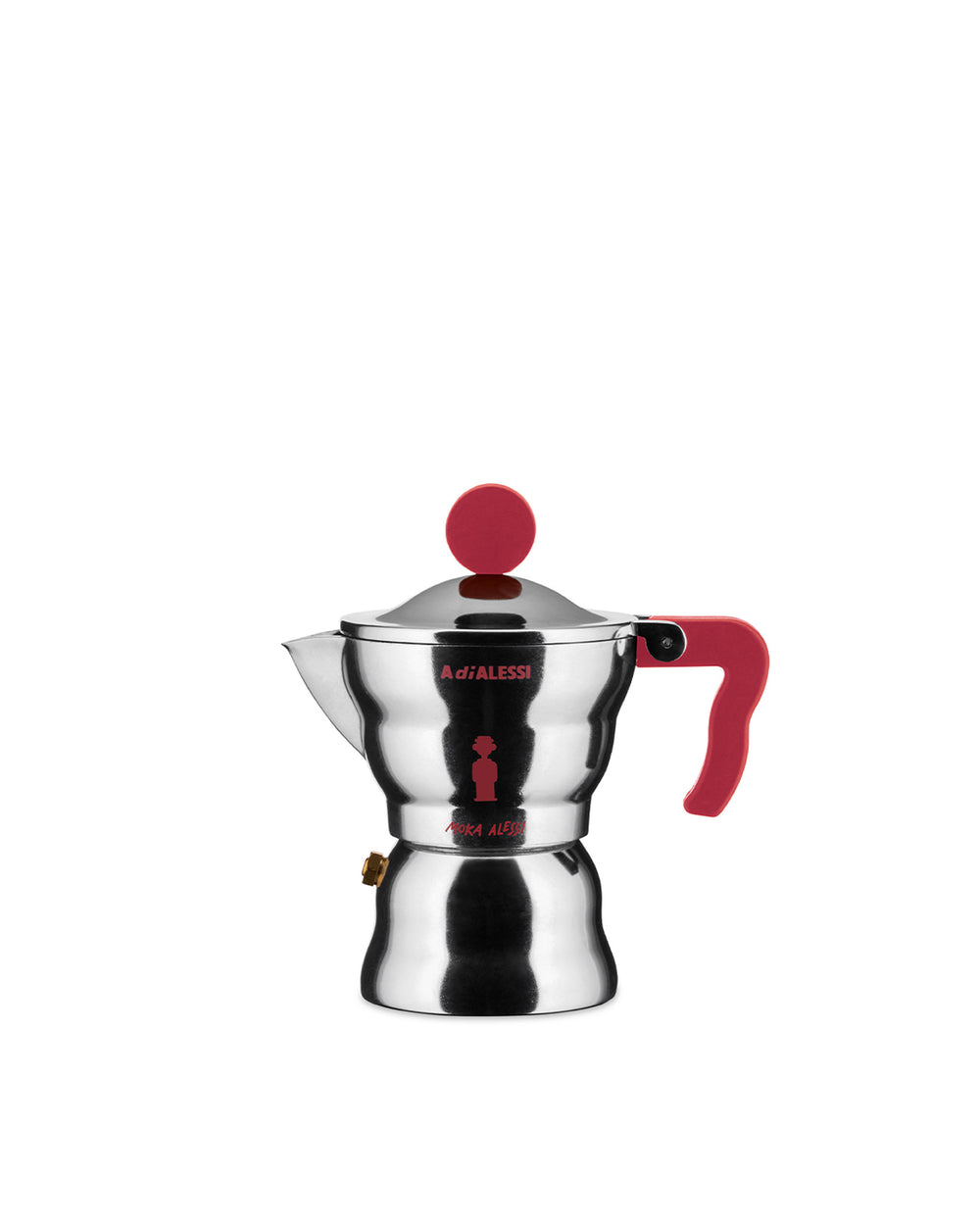 Silver metallic espresso coffee maker by Alessi with a red knob and handle, displaying "A di Alessi" and a red iconic figure.
