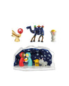 Colorful ceramic nativity set by Alessi, featuring the Holy Family and animals within a starry blue stable, plus an angel, camel, and cherub.