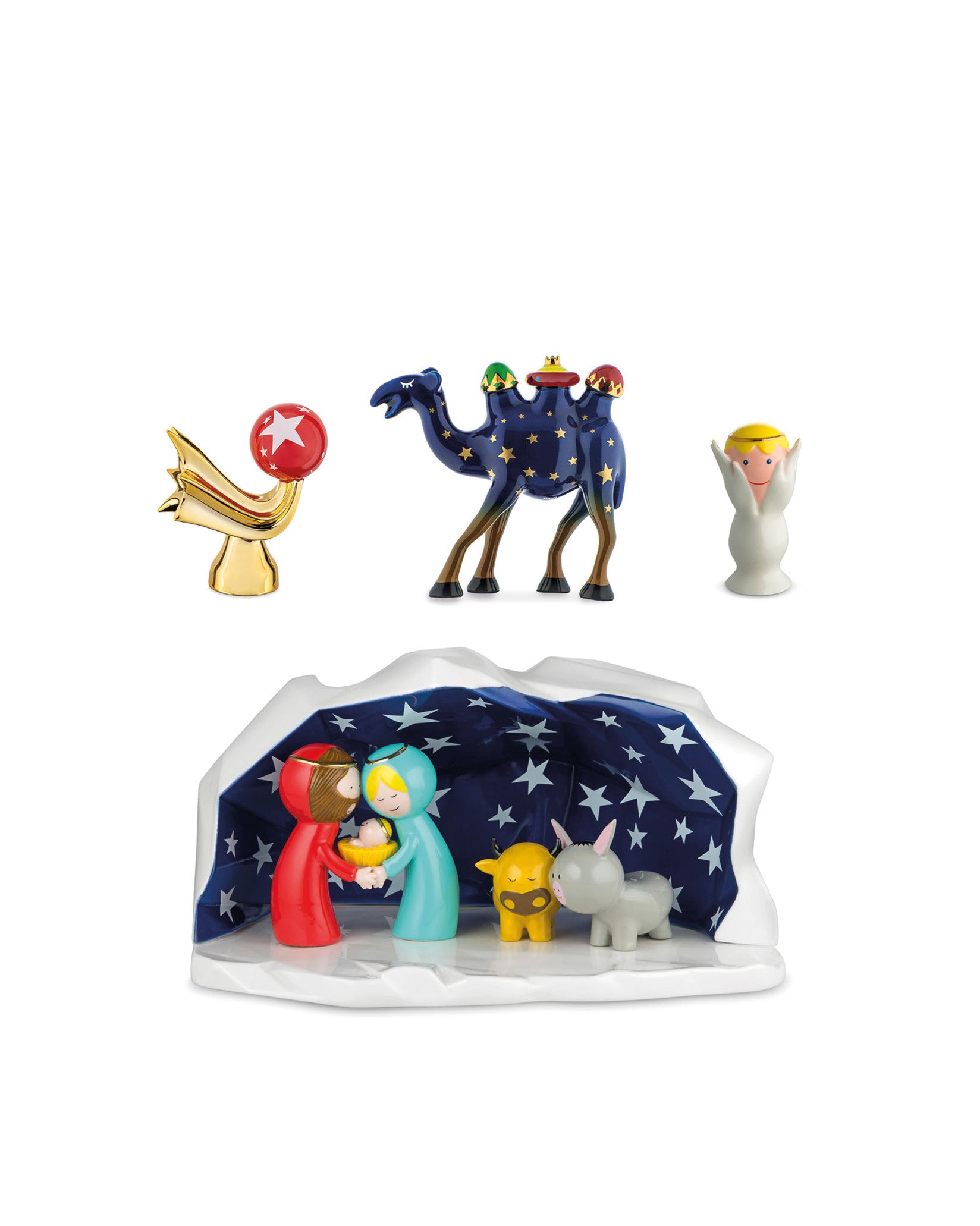 Colorful ceramic nativity set by Alessi, featuring the Holy Family and animals within a starry blue stable, plus an angel, camel, and cherub.