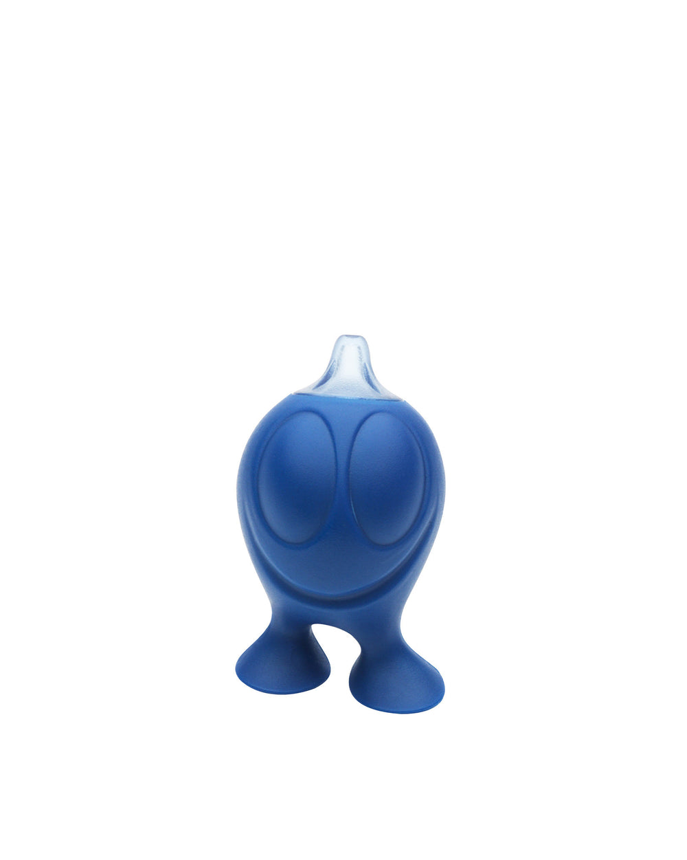 Blue Gino Zucchino character magnet by Alessi, with large round eyes, a subtle smile, two feet, and a clear spouted top.