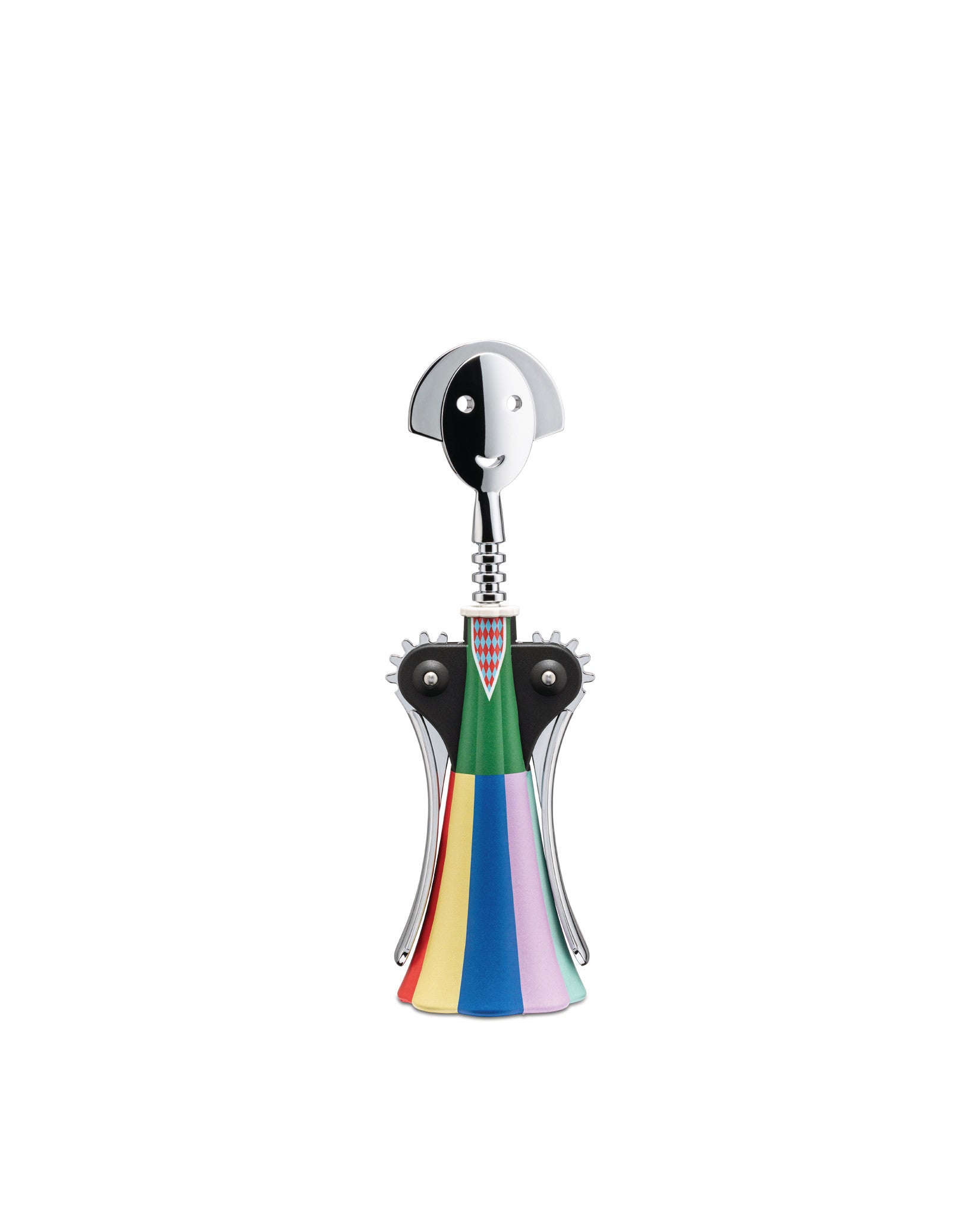 Chrome-plated Anna G. corkscrew by Alessi featuring a stylized face handle and a multicolored striped base.