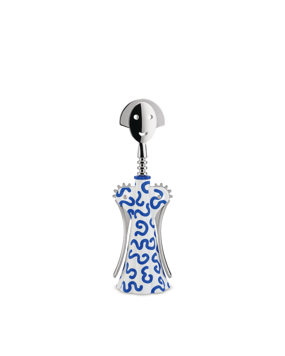 Silver and white corkscrew by Alessi, featuring an Anna G. smiling face top and Delft-style blue wavy pattern.