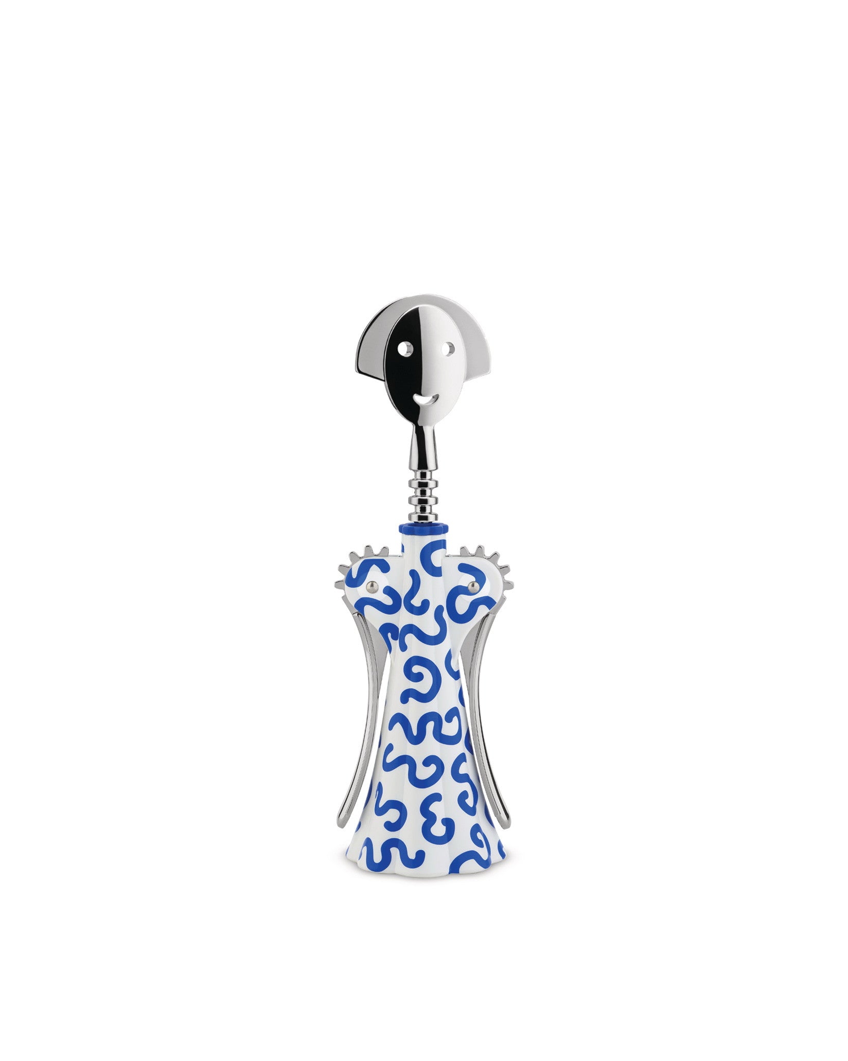 Silver and white corkscrew by Alessi, featuring an Anna G. smiling face top and Delft-style blue wavy pattern.