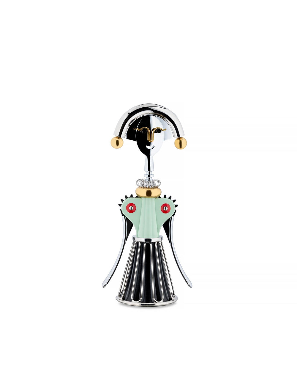 Anthropomorphic silver, gold, and light green corkscrew by Alessi, featuring a smiling face, red accents, and a fluted black base.
