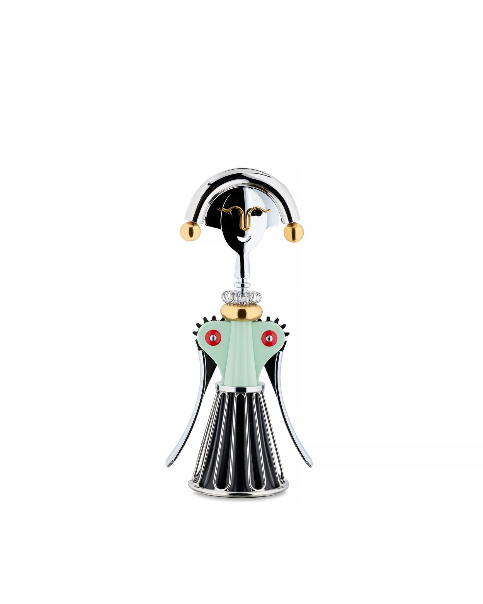 Anthropomorphic silver, gold, and light green corkscrew by Alessi, featuring a smiling face, red accents, and a fluted black base.