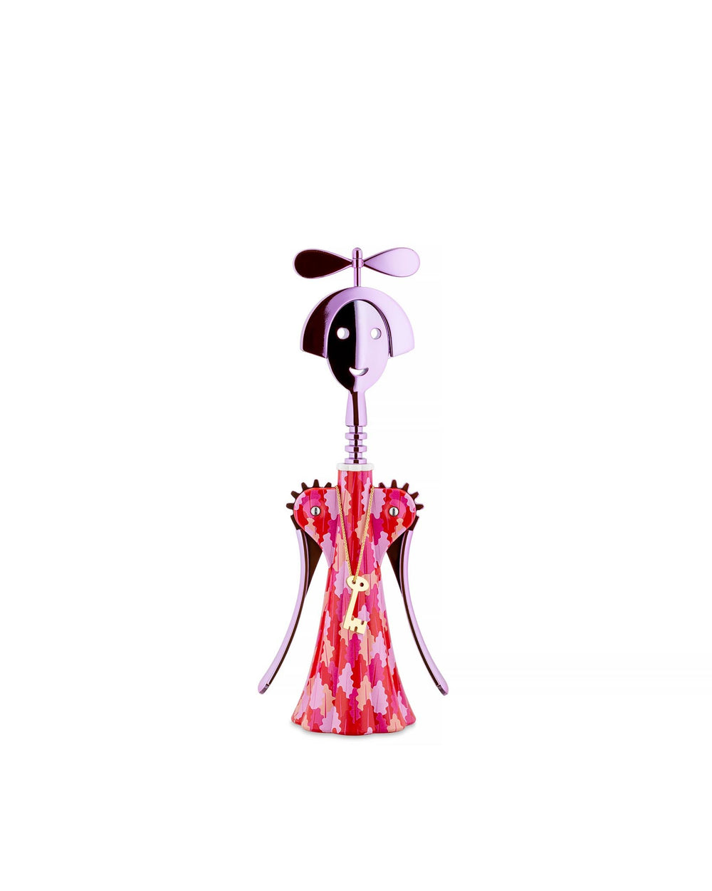 Purple and pink patterned Anna G. corkscrew by Alessi, featuring a stylized female figure with a smiling face and gold key necklace.