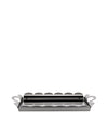 Silver polished metal tray by Alessi with scalloped edges and integrated handles.
