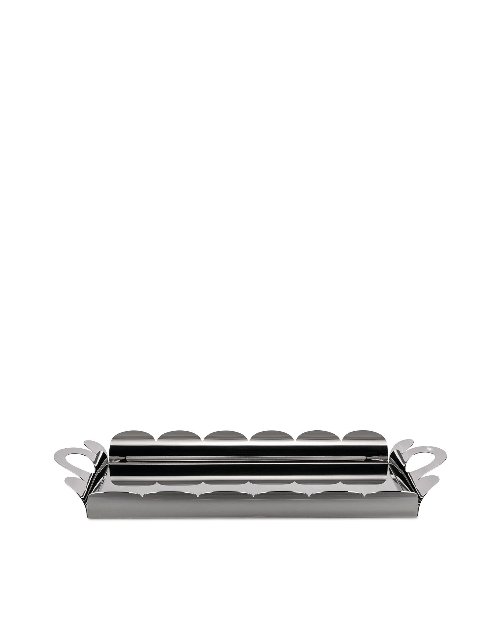 Silver polished metal tray by Alessi with scalloped edges and integrated handles.