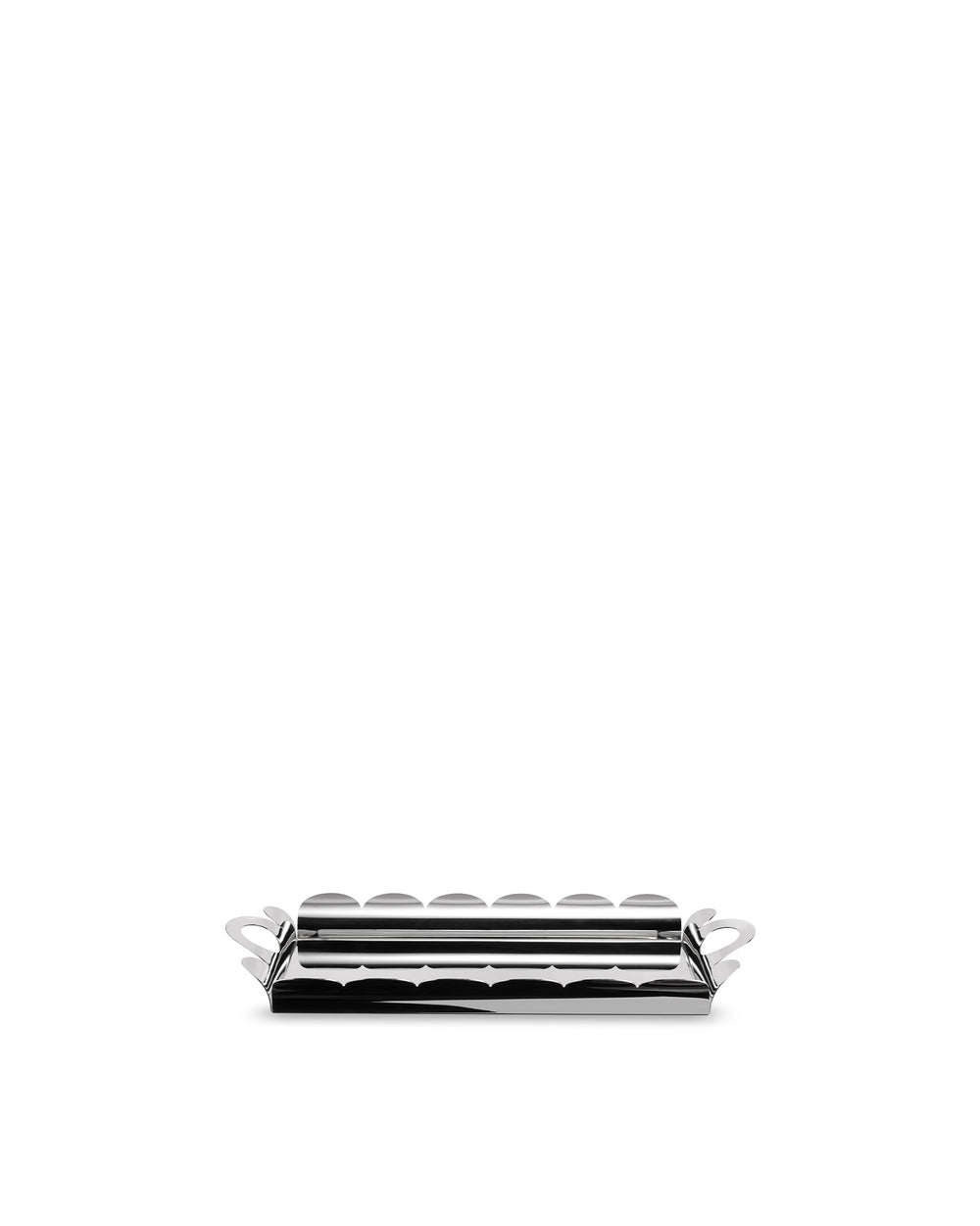 Silver-toned rectangular tray by Alessi with scalloped edges and loop handles, highly polished.