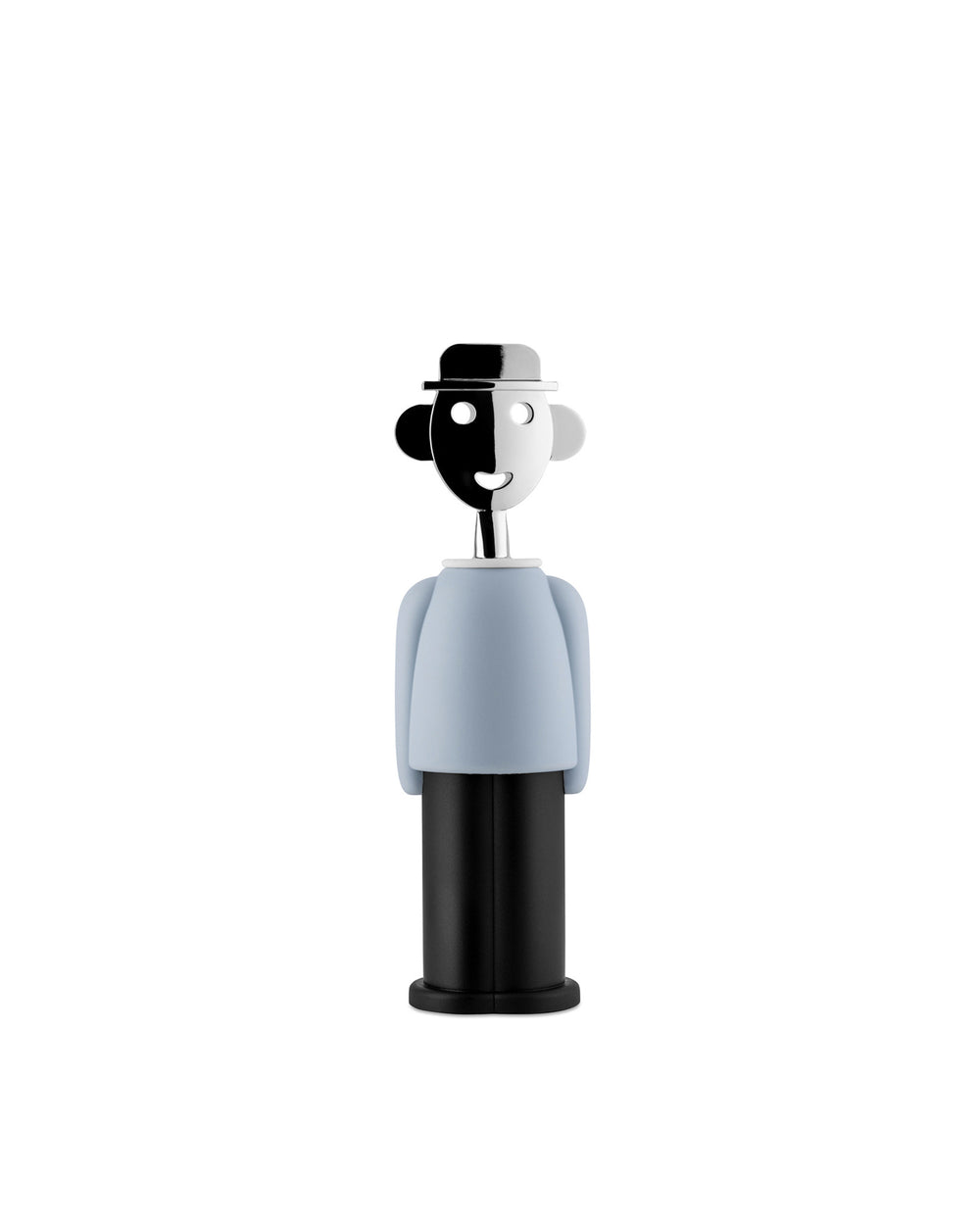 Black, white, and light blue Alessandro M. corkscrew by Alessi, shaped like a figure with a two-toned face and hat.
