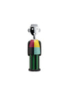 Colorful figurative corkscrew by Alessi with a chrome head, split face, and segmented, striped body.
