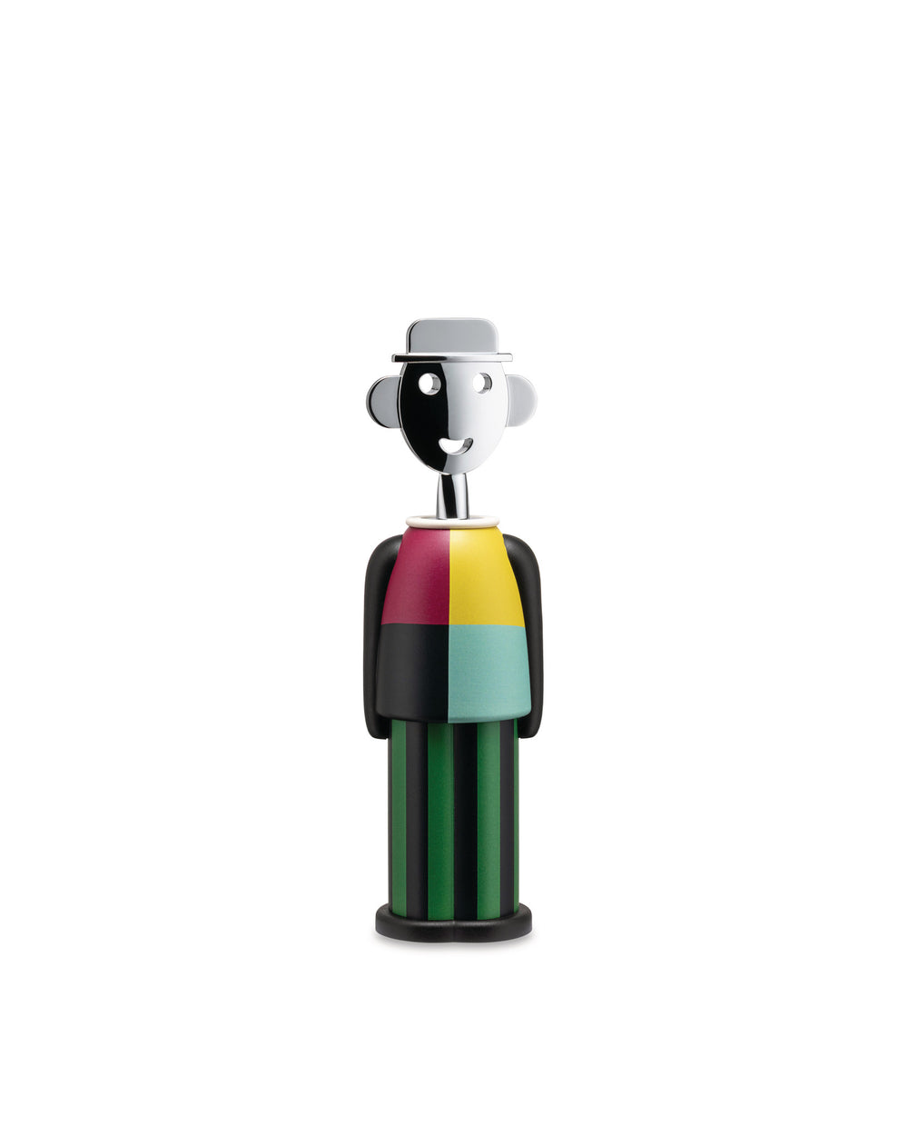 Colorful figurative corkscrew by Alessi with a chrome head, split face, and segmented, striped body.