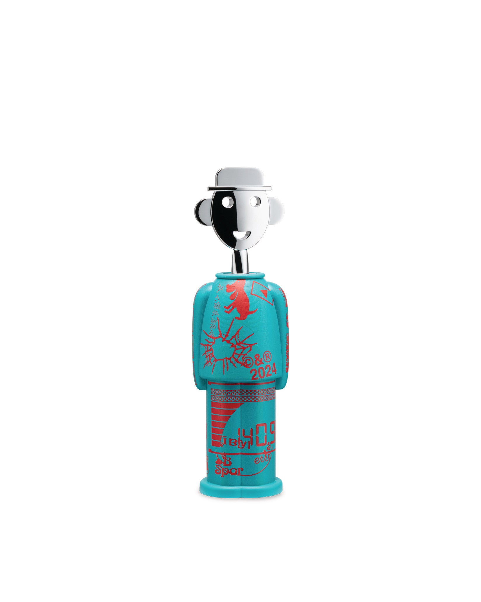 Teal and red patterned corkscrew by Alessi, featuring a stylized silver man's head with a hat and graphic designs.