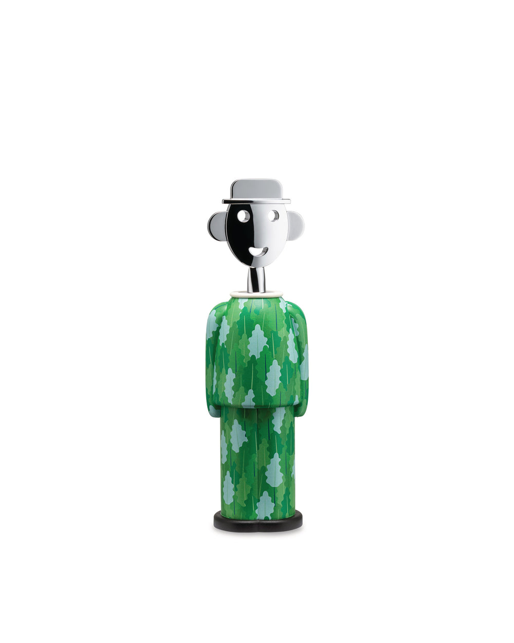 Anthropomorphic corkscrew by Alessi with a chrome face wearing a hat and a green body with a leaf pattern.