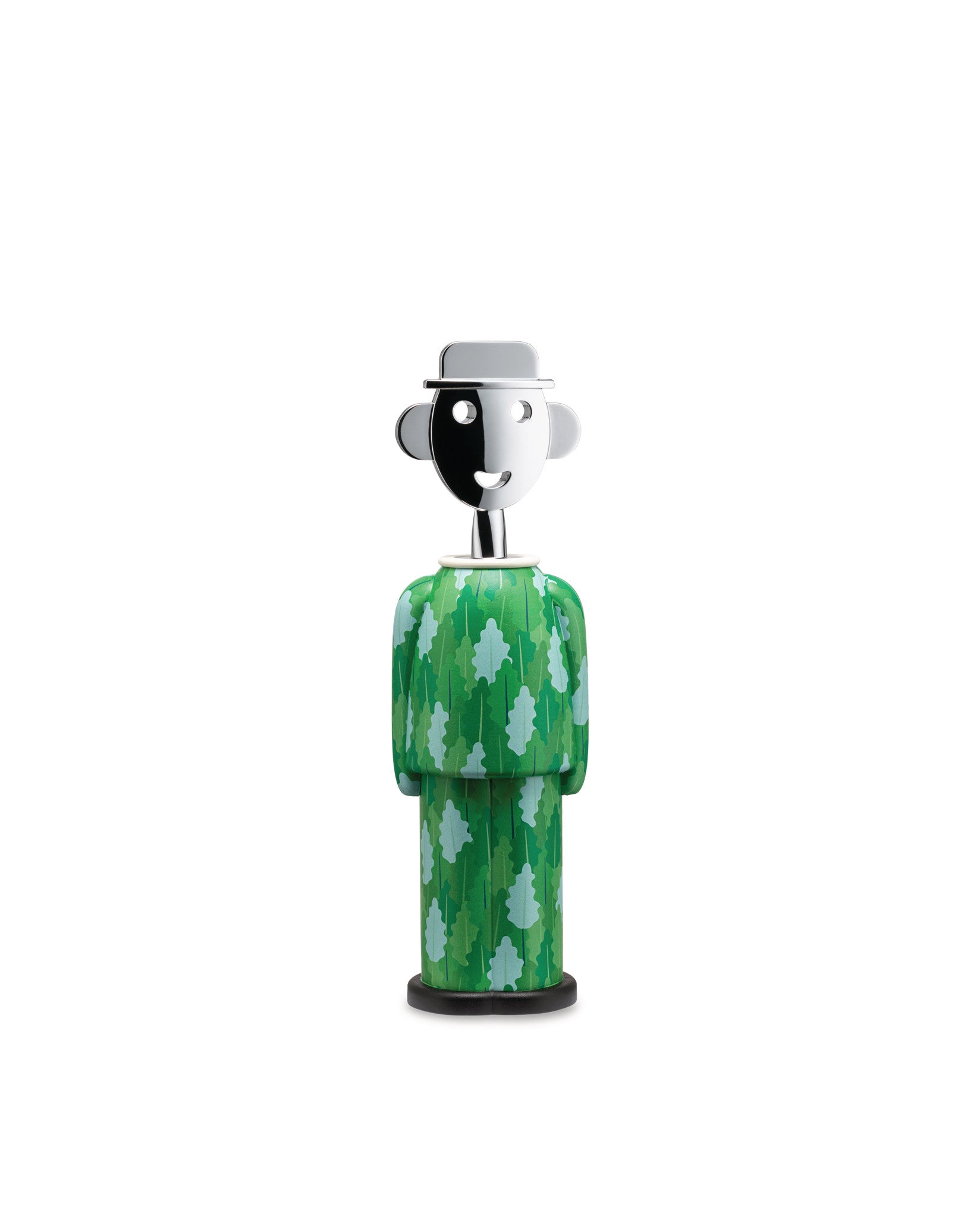 Anthropomorphic corkscrew by Alessi with a chrome face wearing a hat and a green body with a leaf pattern.