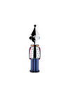 Alessandro M. corkscrew by Alessi, a whimsical figure with a black and white hat, split face, perforated silver jacket, and striped body.