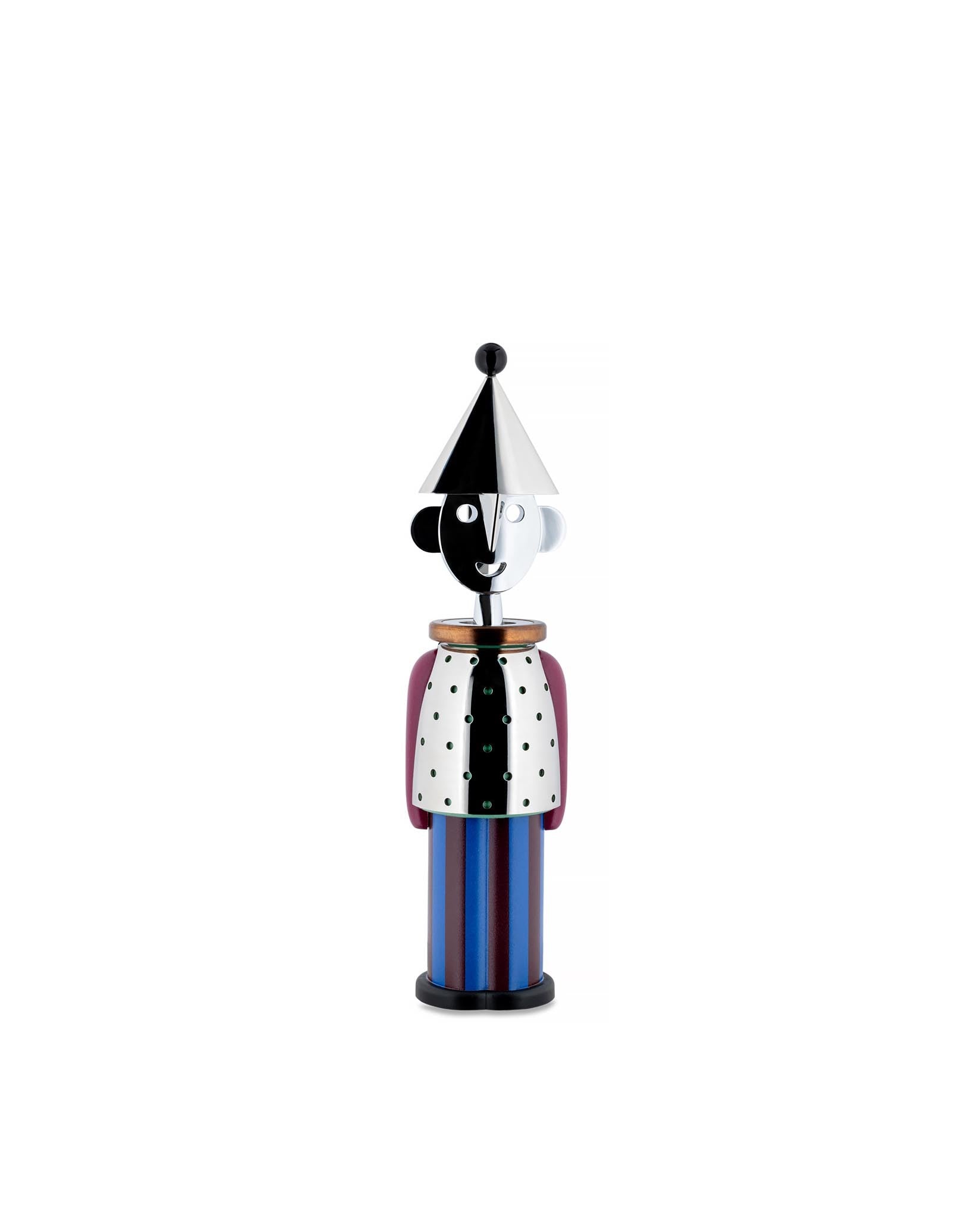 Alessandro M. corkscrew by Alessi, a whimsical figure with a black and white hat, split face, perforated silver jacket, and striped body.