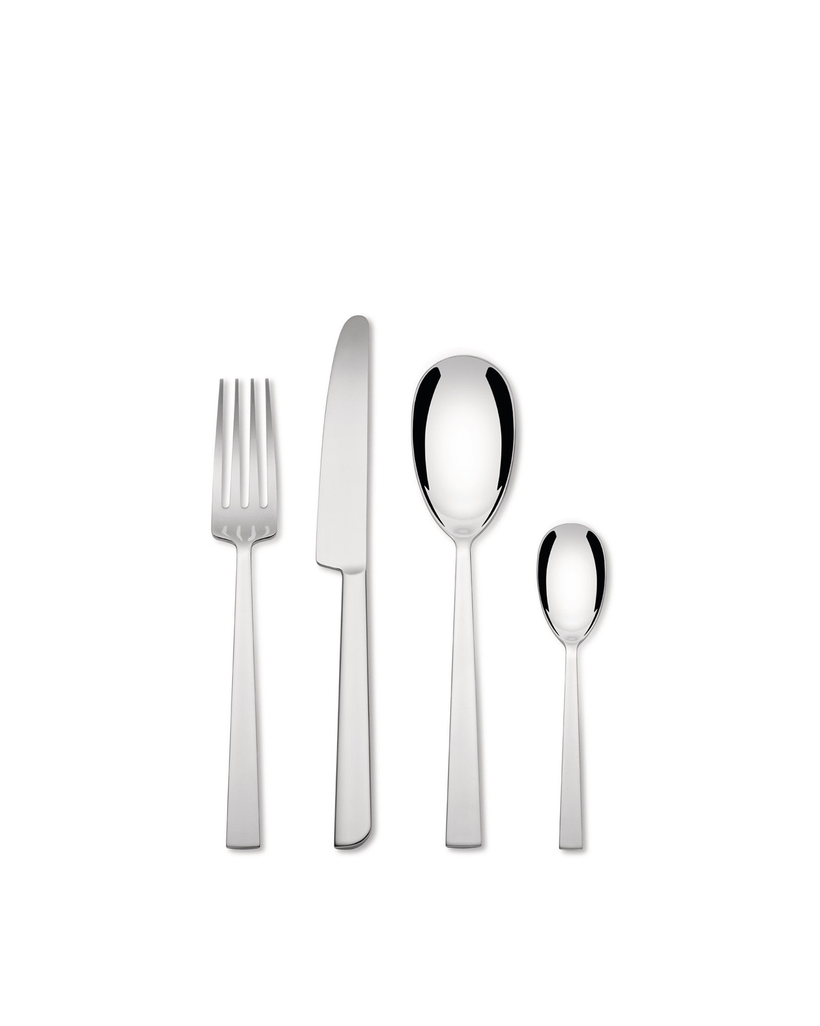 Silver stainless steel flatware set by Alessi, with a fork, knife, and two spoons on white.