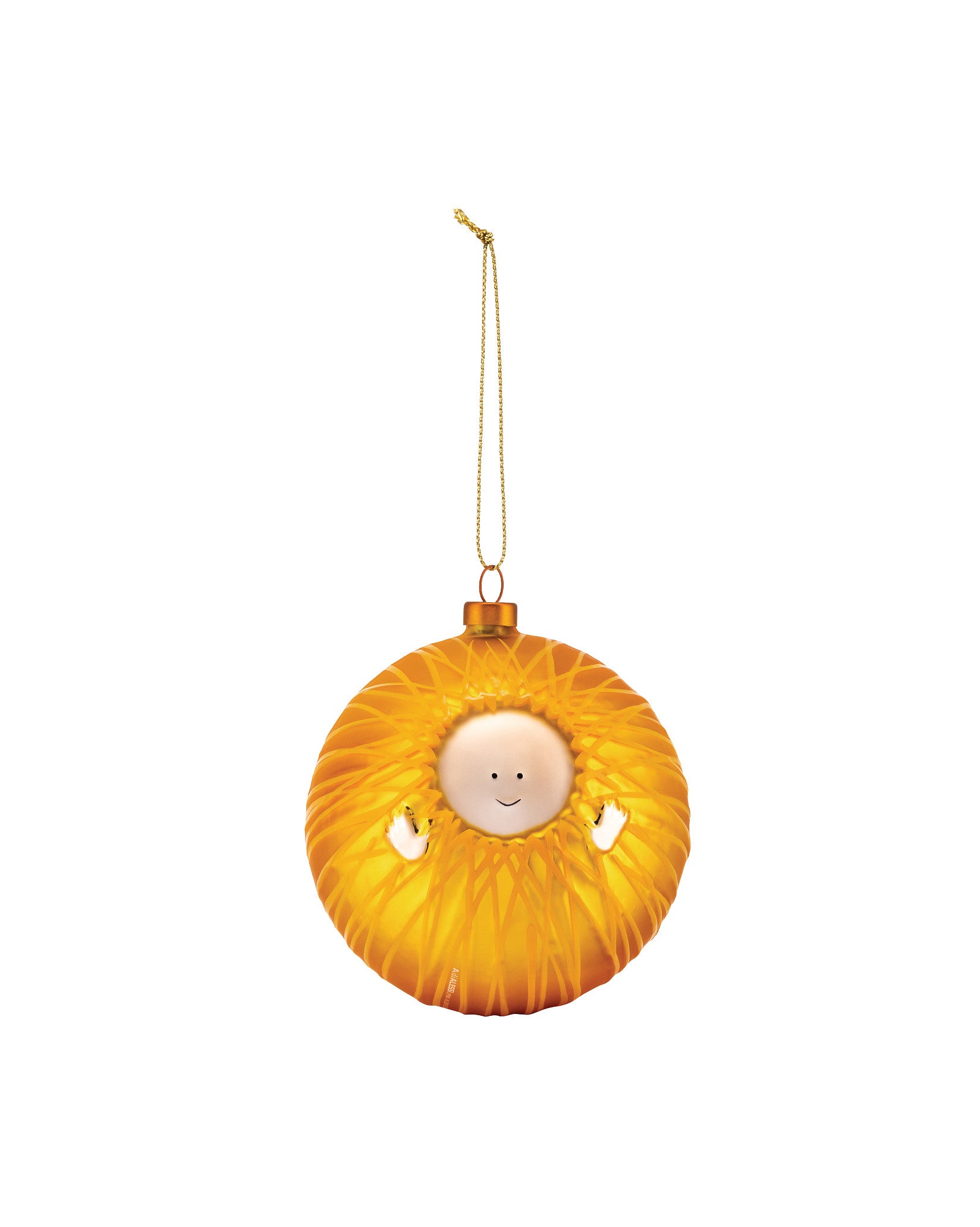 Golden round Christmas tree ornament by Alessi, featuring a smiling baby face with white hands peeking from hay-like texture.