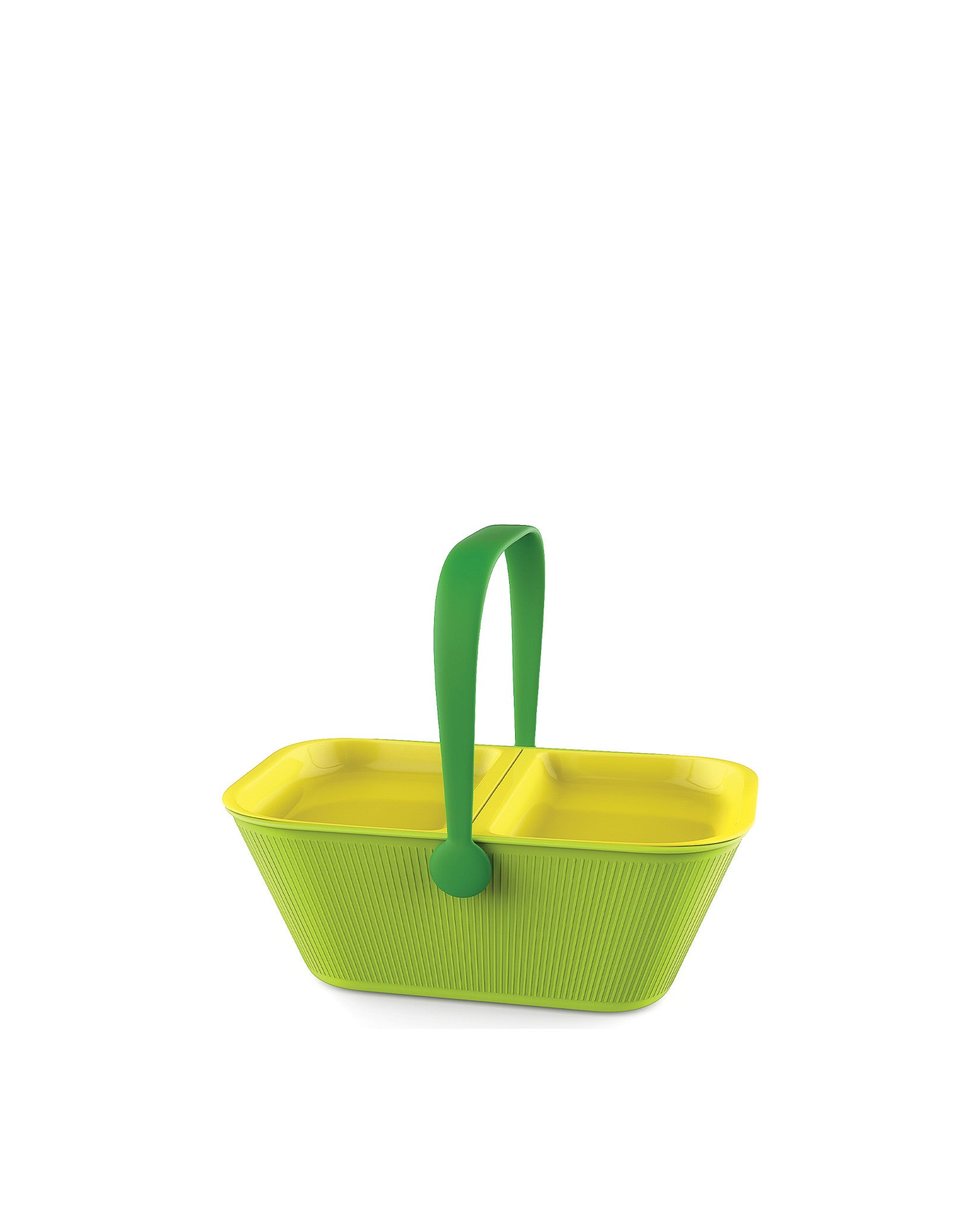 Lime green and yellow pet travel organizer by Alessi, with a central handle, two compartments, and ribbed sides.