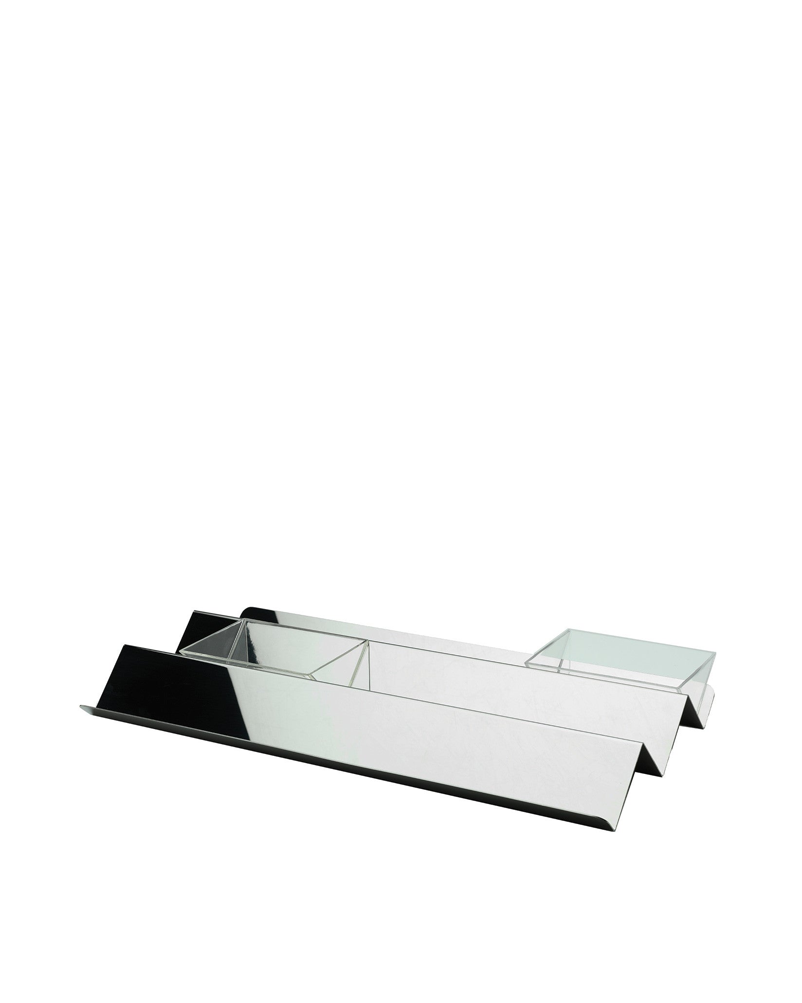 Reflective V-shaped tray by Alessi, made of silver-toned metal with a black end and clear glass compartment.