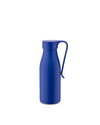 Blue thermo insulated bottle by Alessi with an integrated loop handle and matte finish.
