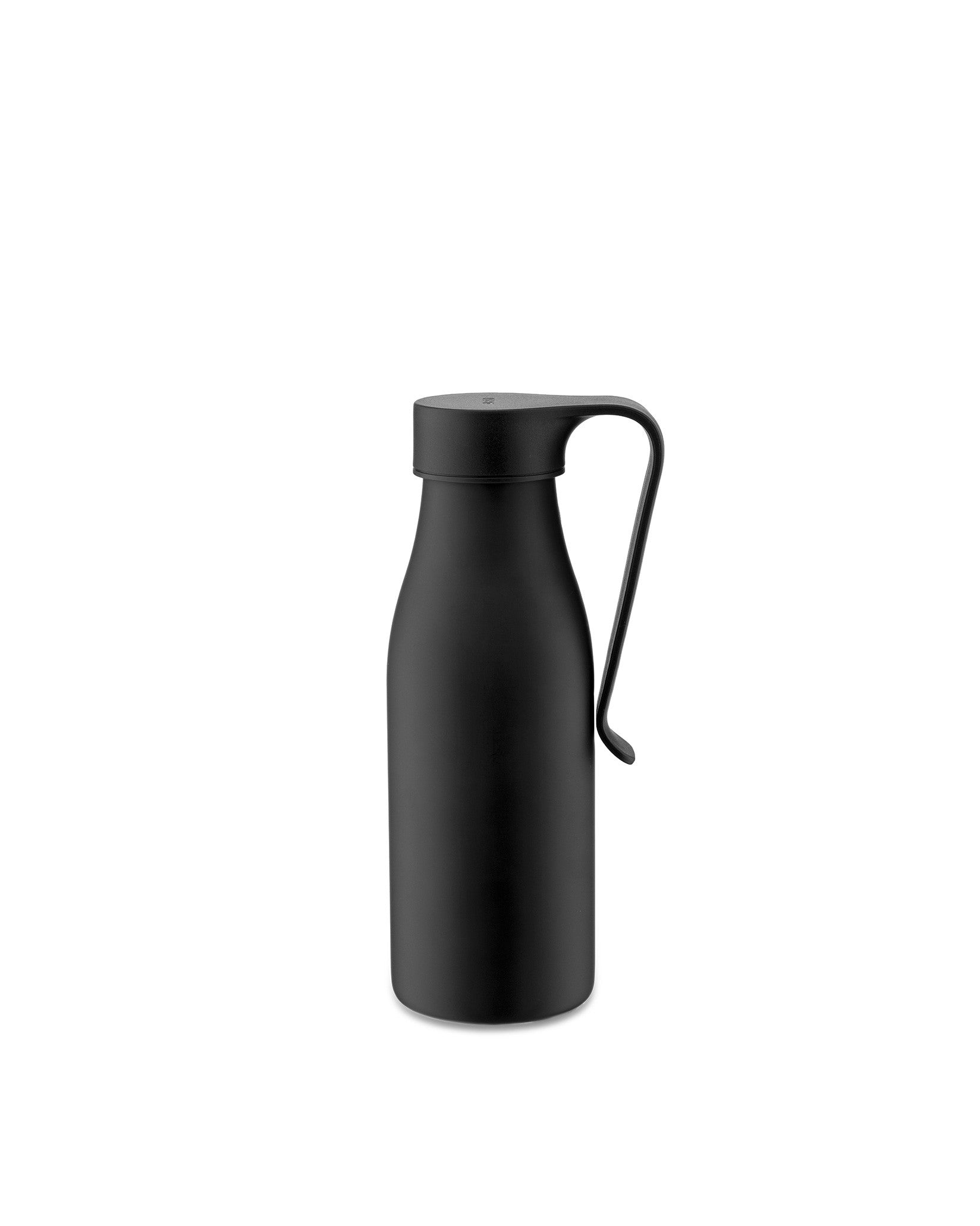 Black thermo insulated bottle by Alessi with a looped handle on the cap, standing upright.