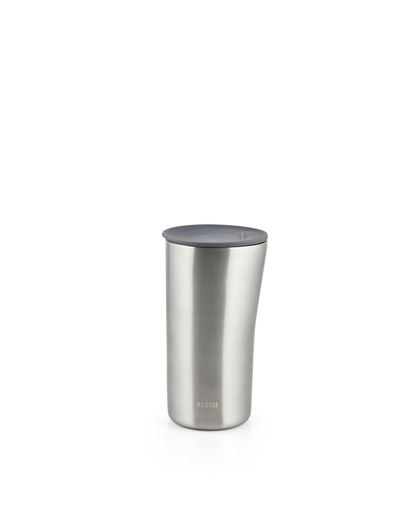 Silver brushed metal thermo insulated tumbler by Alessi with a dark gray lid and subtle logo at the base.