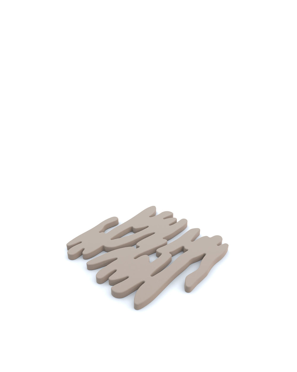 Light brown Barkforpan trivet by Alessi, with an organic, abstract cut-out design, angled view on white.
