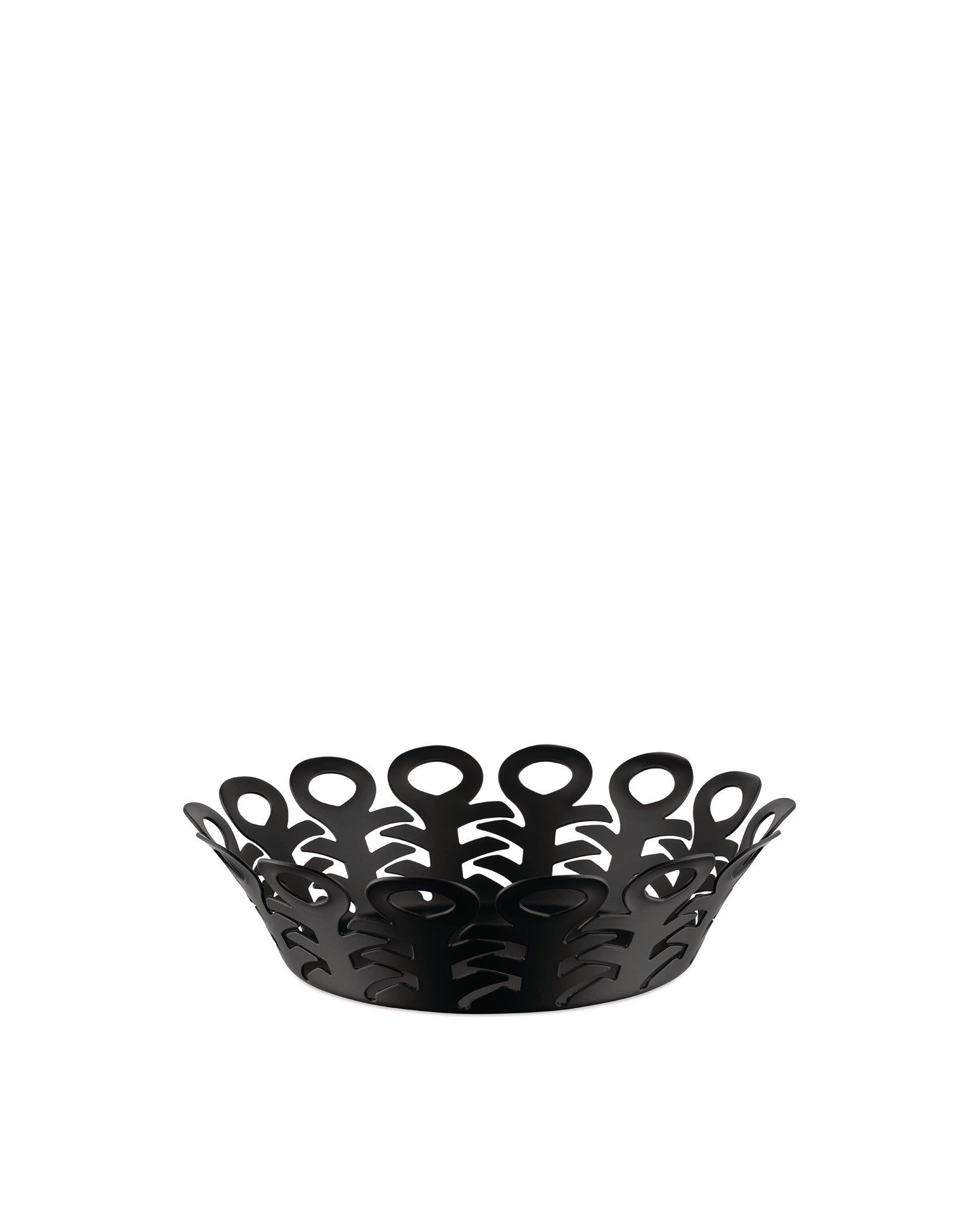 Black metal basket by Alessi with an open-work design of interconnected abstract shapes on a white background.